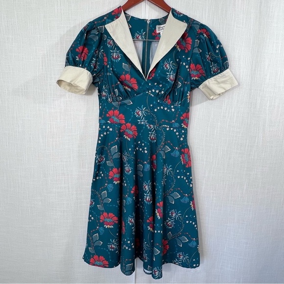 Unique Vintage Teal & Red Floral Chain Print Retro Swing Dress Size M - Picture 3 of 16